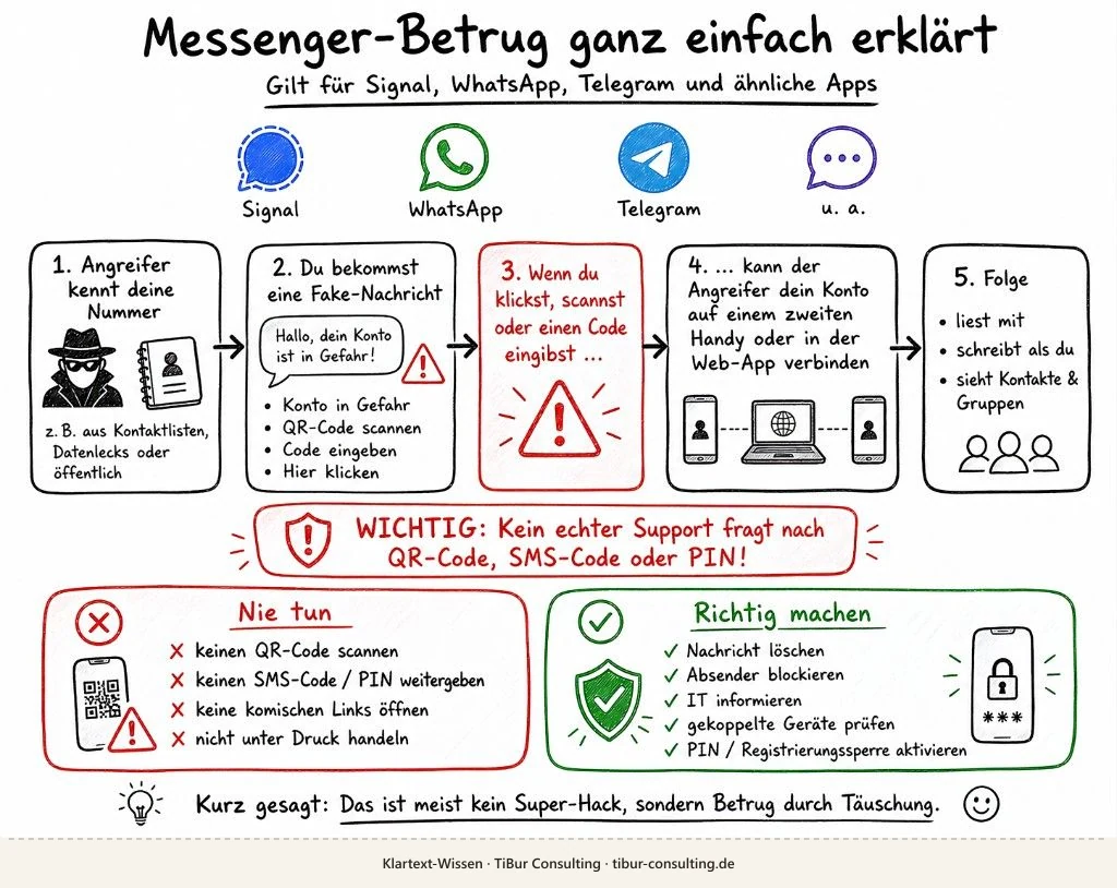 Sketchnote: Messenger-Betrug in fünf Schritten, rote Warnung und Tipps richtig/falsch