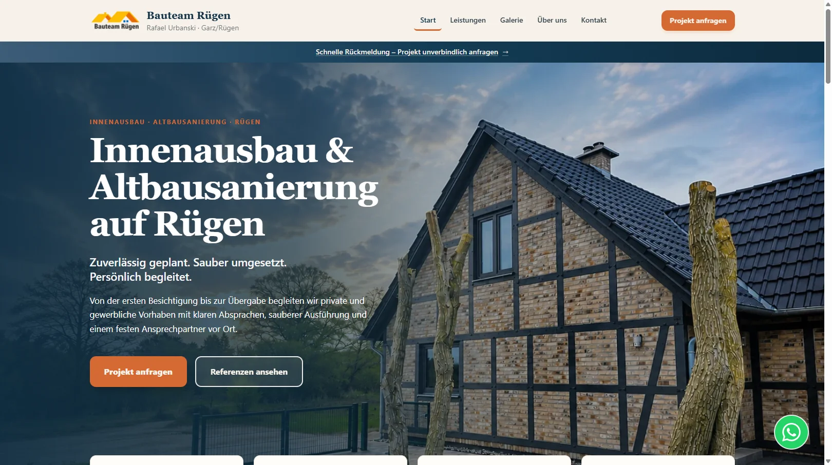 Screenshot der Testumgebung odoo.tibur-consulting.de: Startseite Bauteam Rügen mit Hero und Navigation