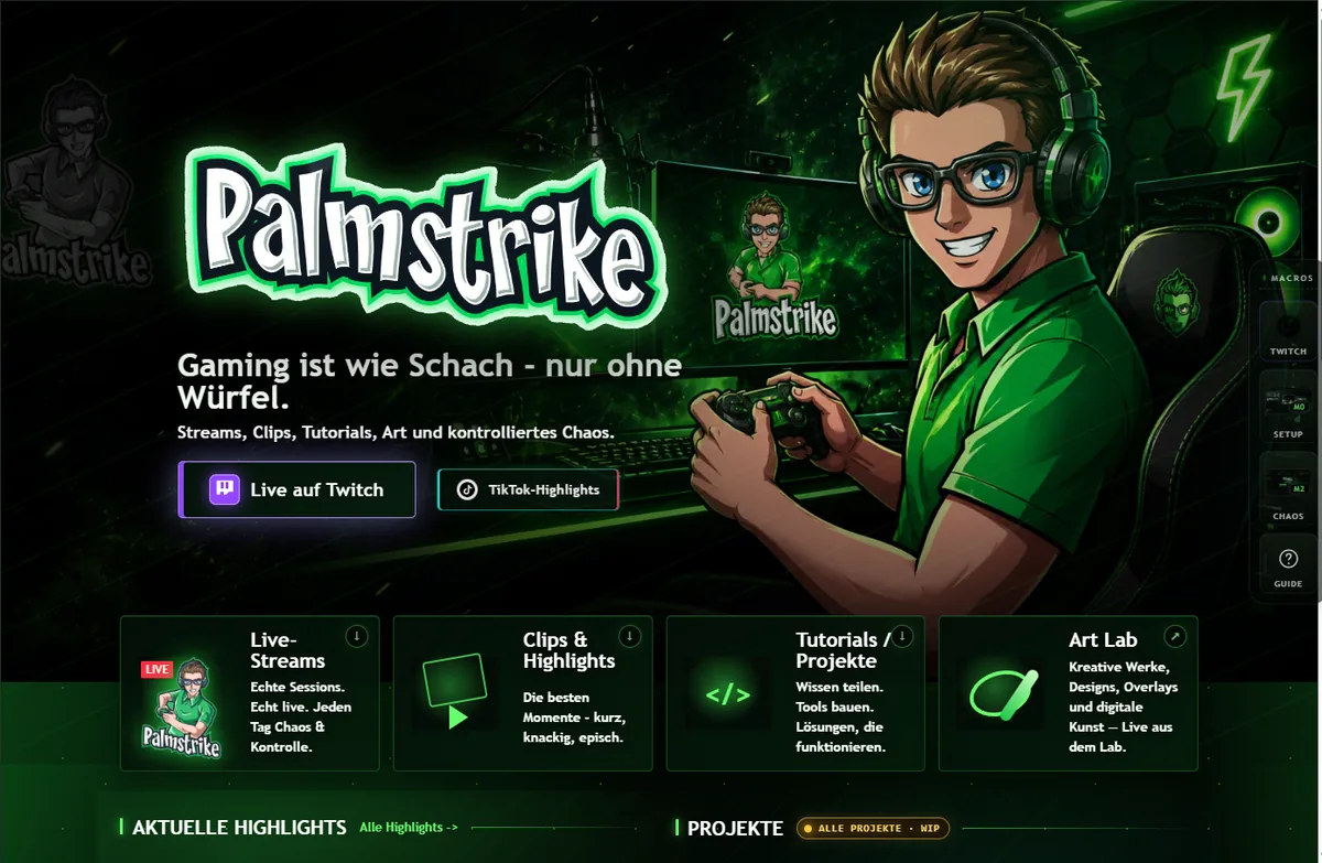 Screenshot der Website palmstrike.de: dunkler Gaming-Hub mit Logo Palmstrike und Twitch-/TikTok-Buttons
